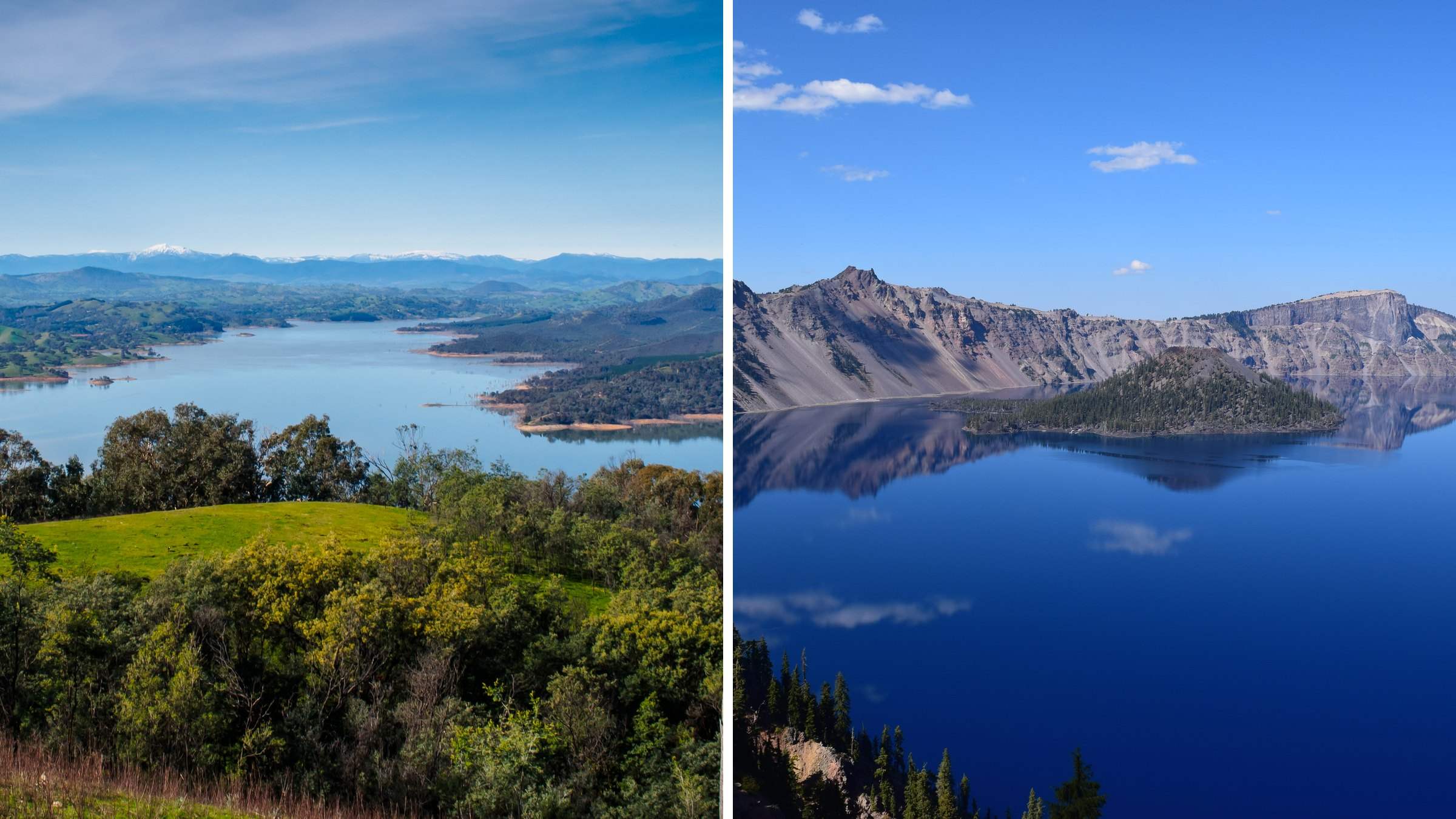 Two landscapes side by side: hills and Lake Eildon in Australia, and Crater Lake in Oregon