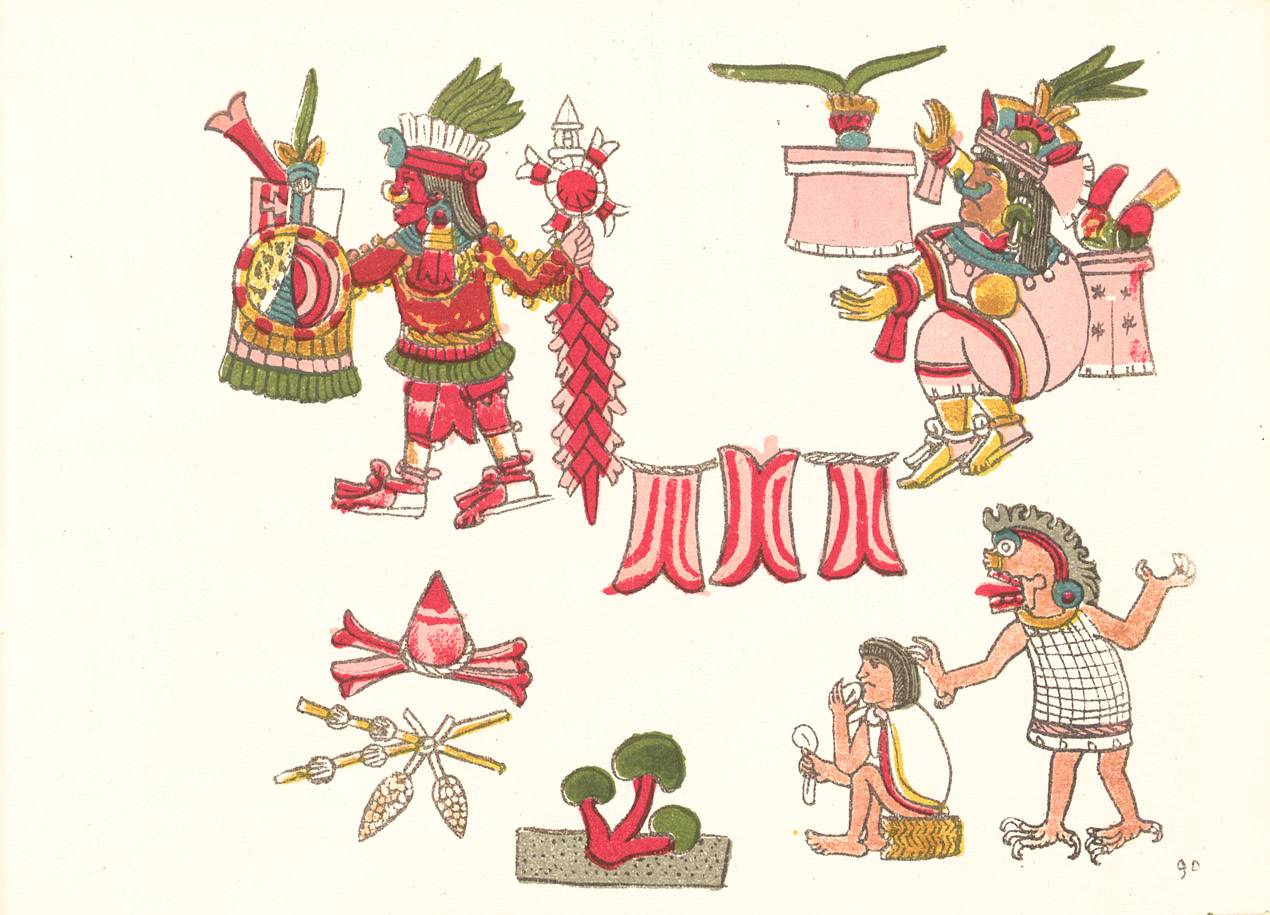 Page of an Aztec codex with coloured figures; at bottom right a seated figure eats mushrooms before a deity, beside painted green mushrooms.