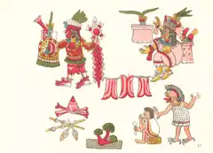 Page of an Aztec codex with coloured figures; at bottom right a seated figure eats mushrooms before a deity, beside painted green mushrooms.